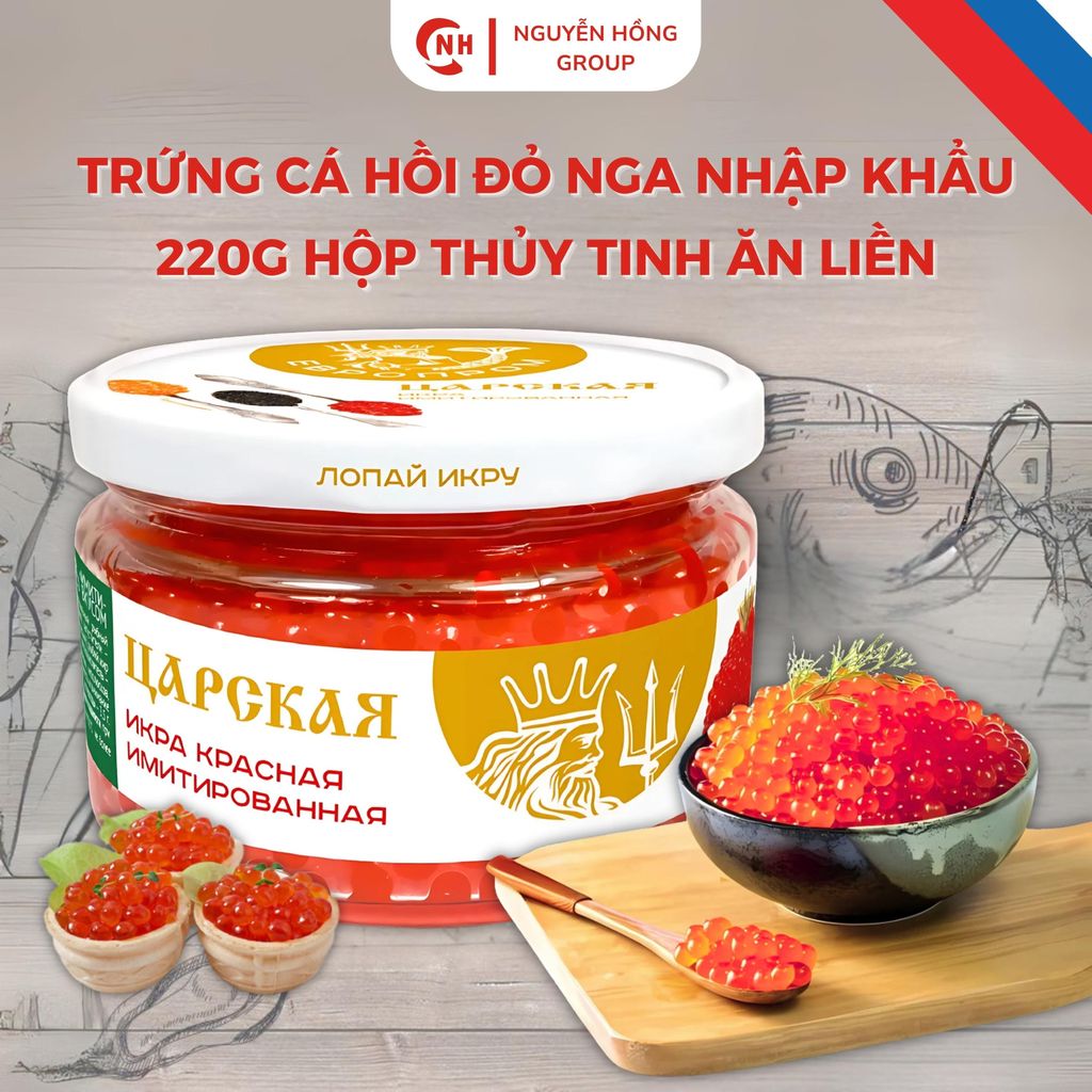 Trứng cá hồi đỏ Nga nhập khẩu 220g hộp thủy tinh ăn liền Thức Ăn Ăn Vặt