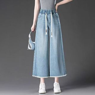 Quần jeans ống ngắn nữ, thời trang mùa hè mới, quần ống rộng dáng suông, lưng thun, ống quần xẻ rách, kiểu dáng nhẹ nhàn