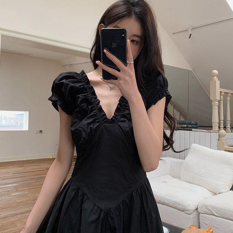 [Khuyến mãi 50%] Váy dài kiểu Pháp phong cách Hepburn, cổ chữ V, thiết kế eo hẹp, chất liệu cao cấp cho nữ mùa hè