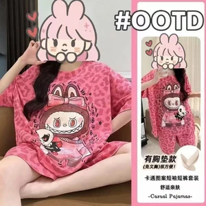 Bộ đồ ngủ cotton ngắn tay có miếng đệm ngực, phù hợp mặc ở nhà hoặc đi ra ngoài