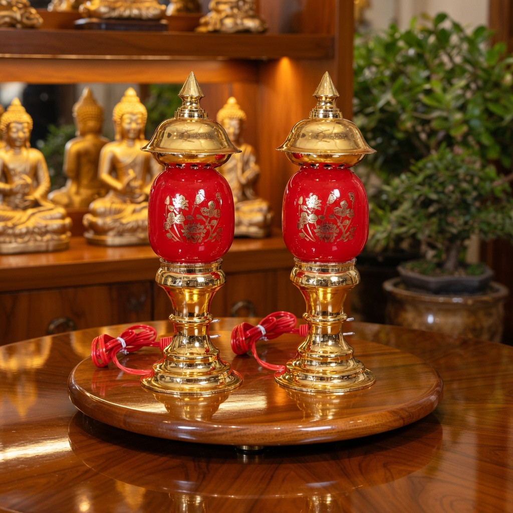 Cặp Đèn Thờ Phú Quý Cắm Điện - Đèn Thờ Bàn Thờ Gia Tiên, Thần Tài, Thờ Phật Cao Cấp | Bóng Trái Ớt, Bầu Thủy Tinh Đỏ