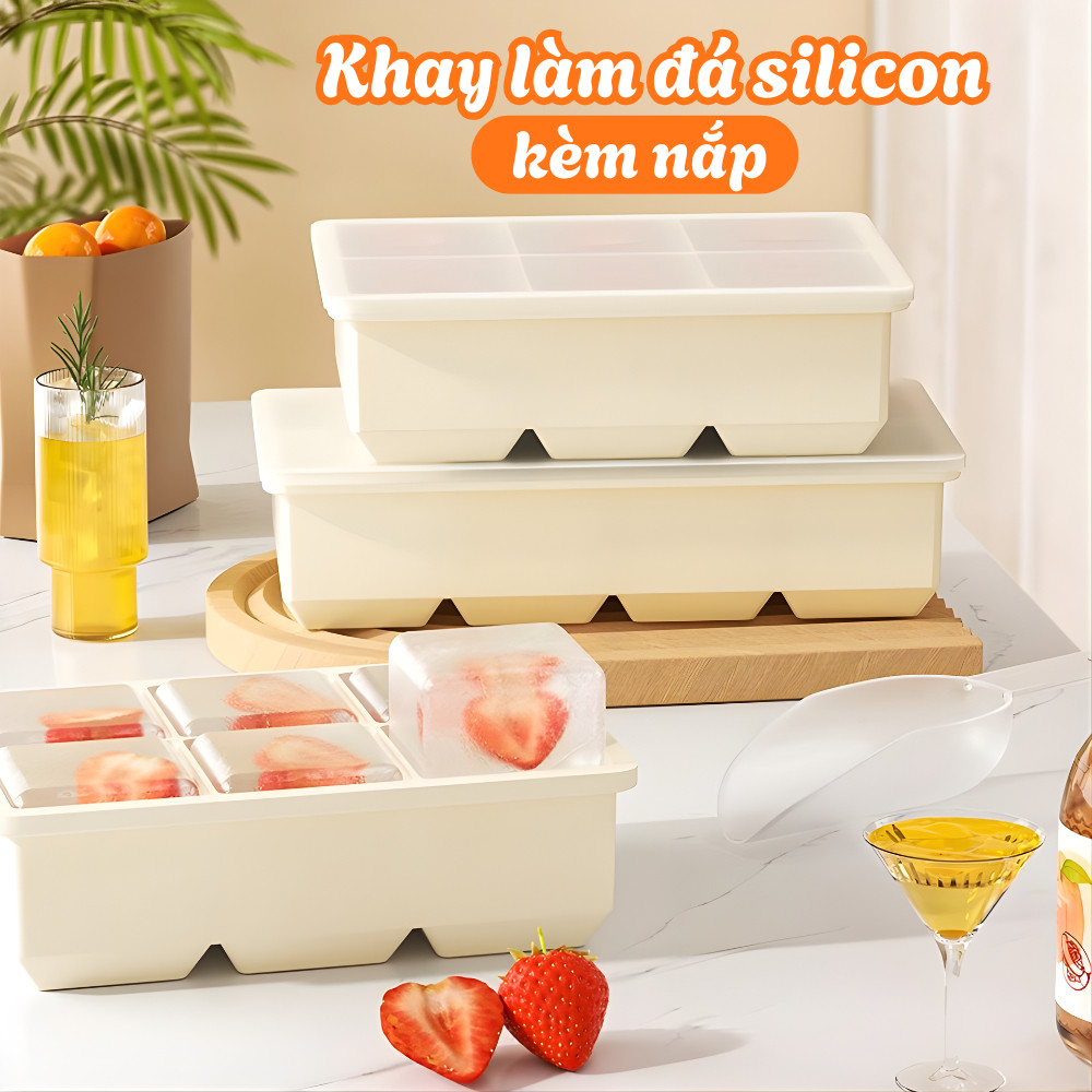 ( SẴN ) Khay Làm Đá Silicon Có Nắp Chống Mùi Tủ Lạnh DinoHome, Khay Làm Đá Thông Minh 4-6-8 Viên