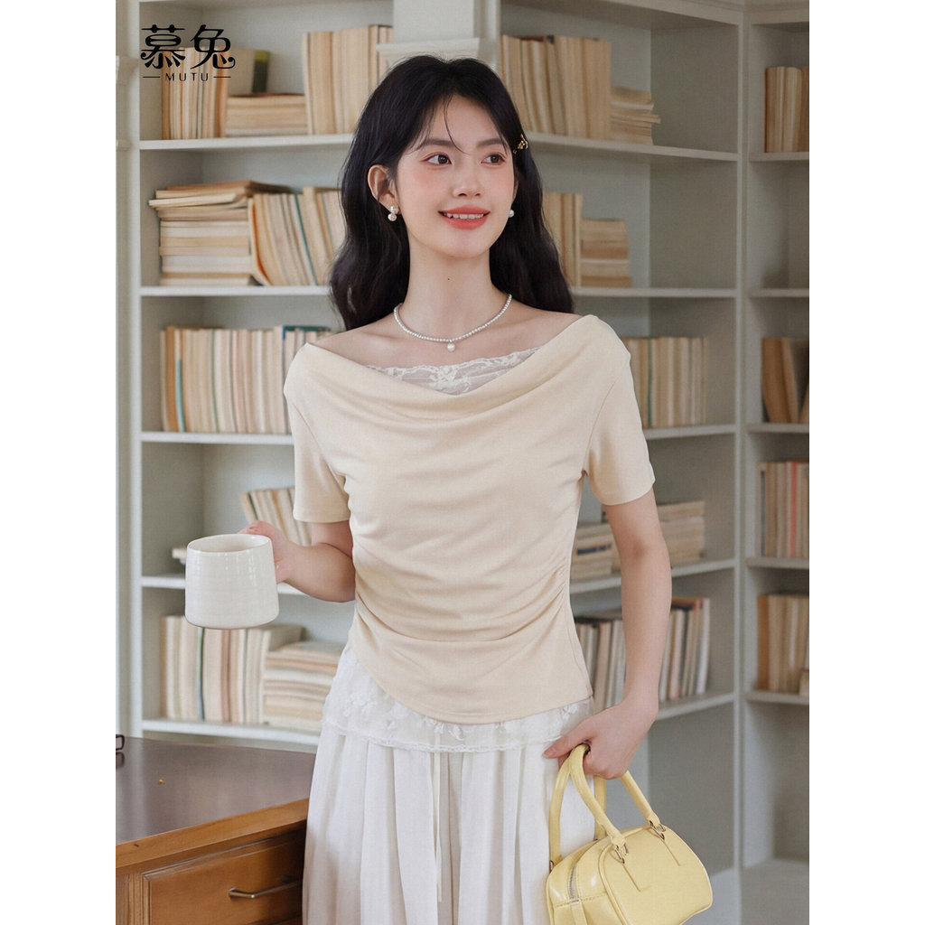 Áo Thun Nữ Cổ Xoay Tay Ngắn, Thiết Kế Sang Trọng với Chi Tiết Ren Khâu