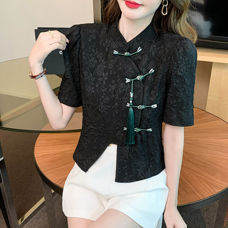 Áo sơ mi nữ cổ điển tay ngắn màu trắng trơn, style Trung Quốc