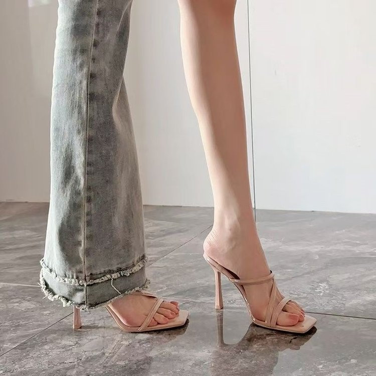 Mùa Hè Mũi Vuông Thời Trang Mở Ngón Chân Giày Cao Gót PU Nữ Chống Trơn Trượt Chống Mài Mòn Cổ Tích Phong Cách Cao Gót Dép