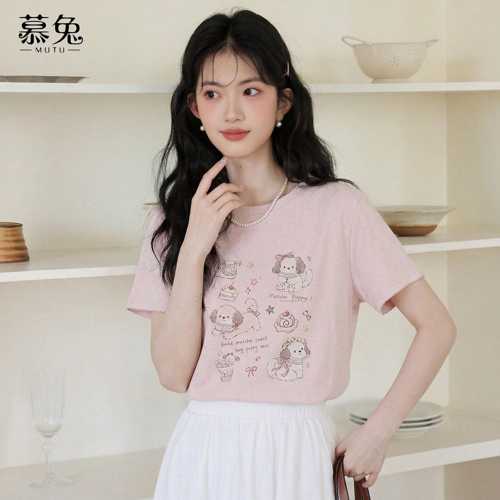 Mutu Áo Thun Nữ Mùa Hè Hình Sweet Pink Puppy Cổ Tròn Tay Ngắn