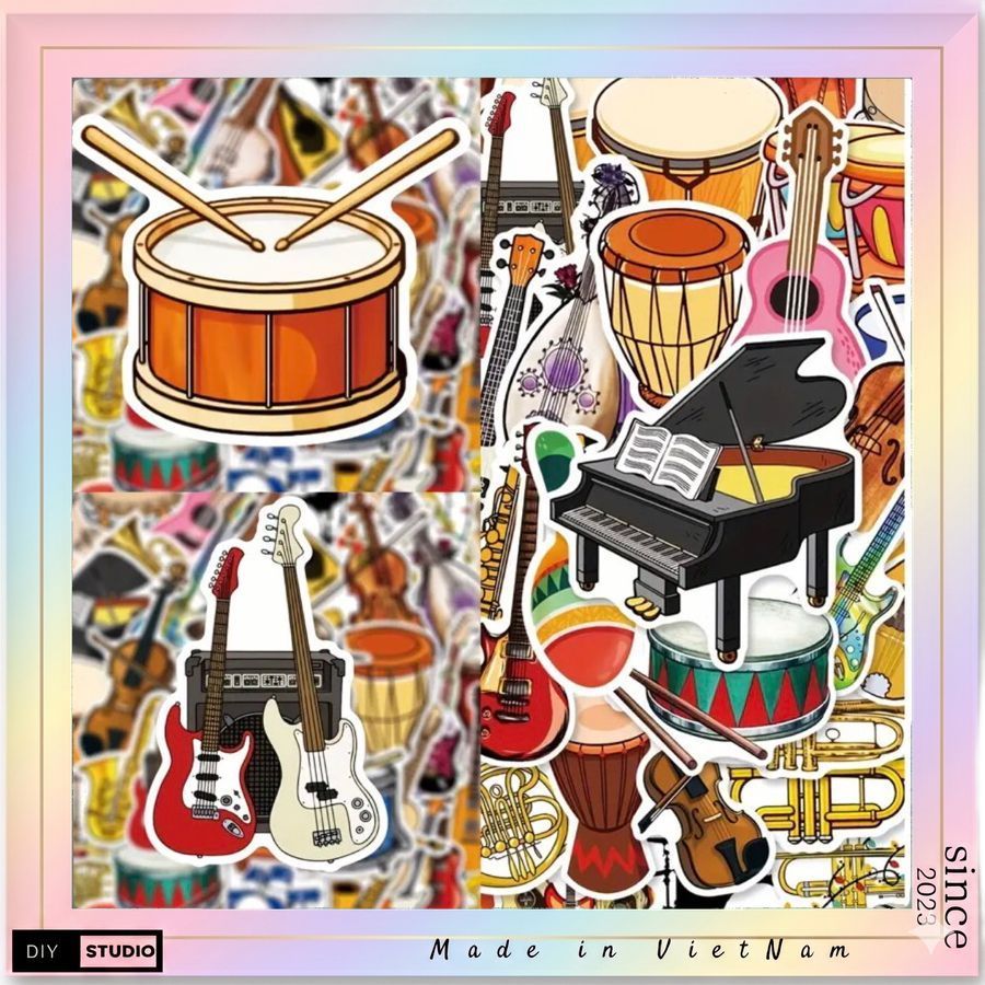 60 miếng dán dụng cụ âm nhạc phong cách sắc nét có thể trang trí hành lý, bút, guitar