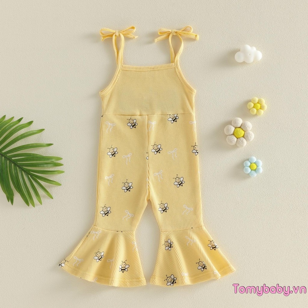 Bộ áo liền quần bé gái tập đi Chữ cái dễ thương Thêu ong không tay đáy chuông tổng thể