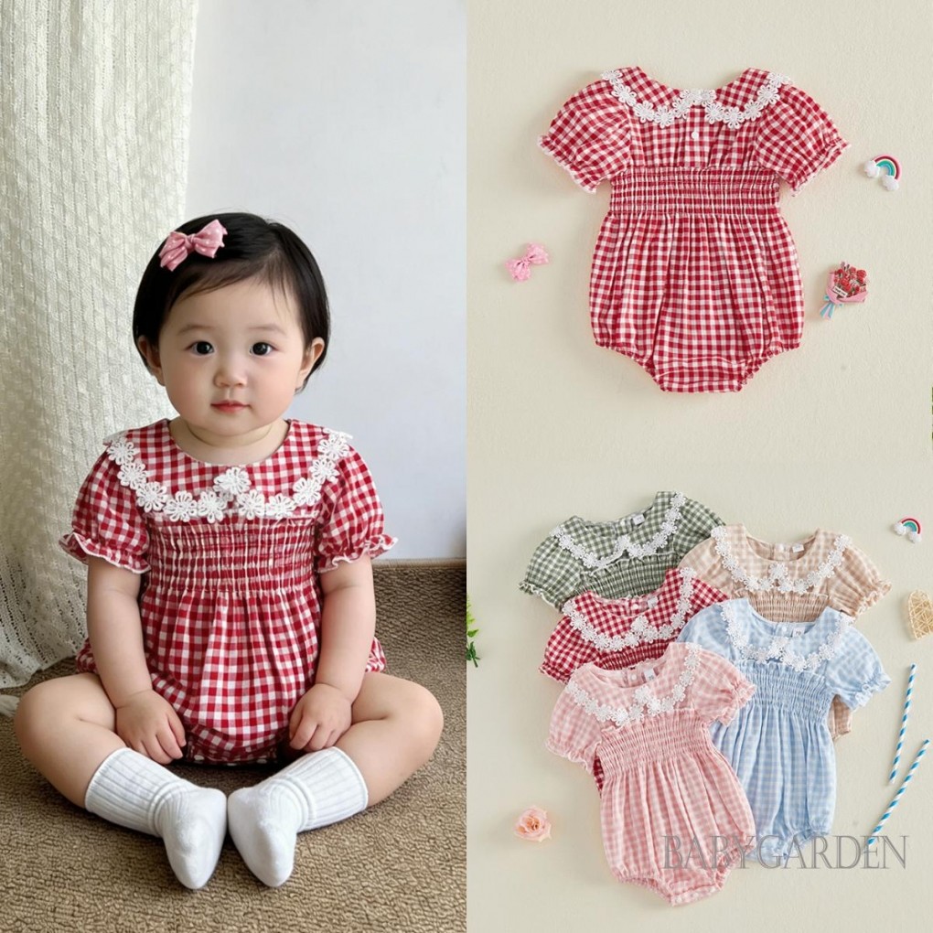 Bé Gái Áo Liền Quần Tay Ngắn Cổ Búp Bê Kẻ Sọc Hoa Body Quần Áo Mùa Hè