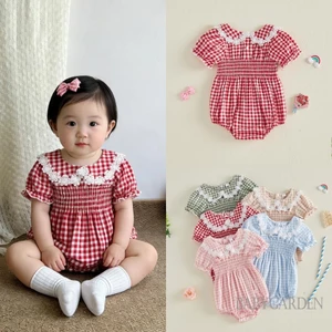 Bé Gái Áo Liền Quần Tay Ngắn Cổ Búp Bê Kẻ Sọc Hoa Body Quần Áo Mùa Hè