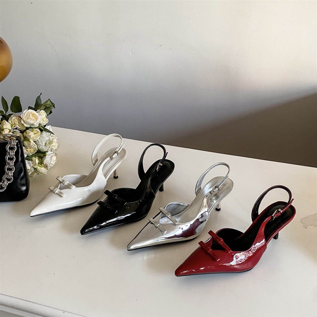 TT Bằng Sáng Chế Da Nơ Mũi Nhọn Sandal Nữ Khóa Phẳng Dây Đeo Mèo Gót Giày Mùa Hè Phong Cách Mới