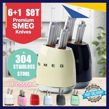 Bộ dao Smeg cổ điển + 6 dao và giá đỡ dao. Bao gồm dao cắt bánh mì và các loại dao nhà bếp khác.