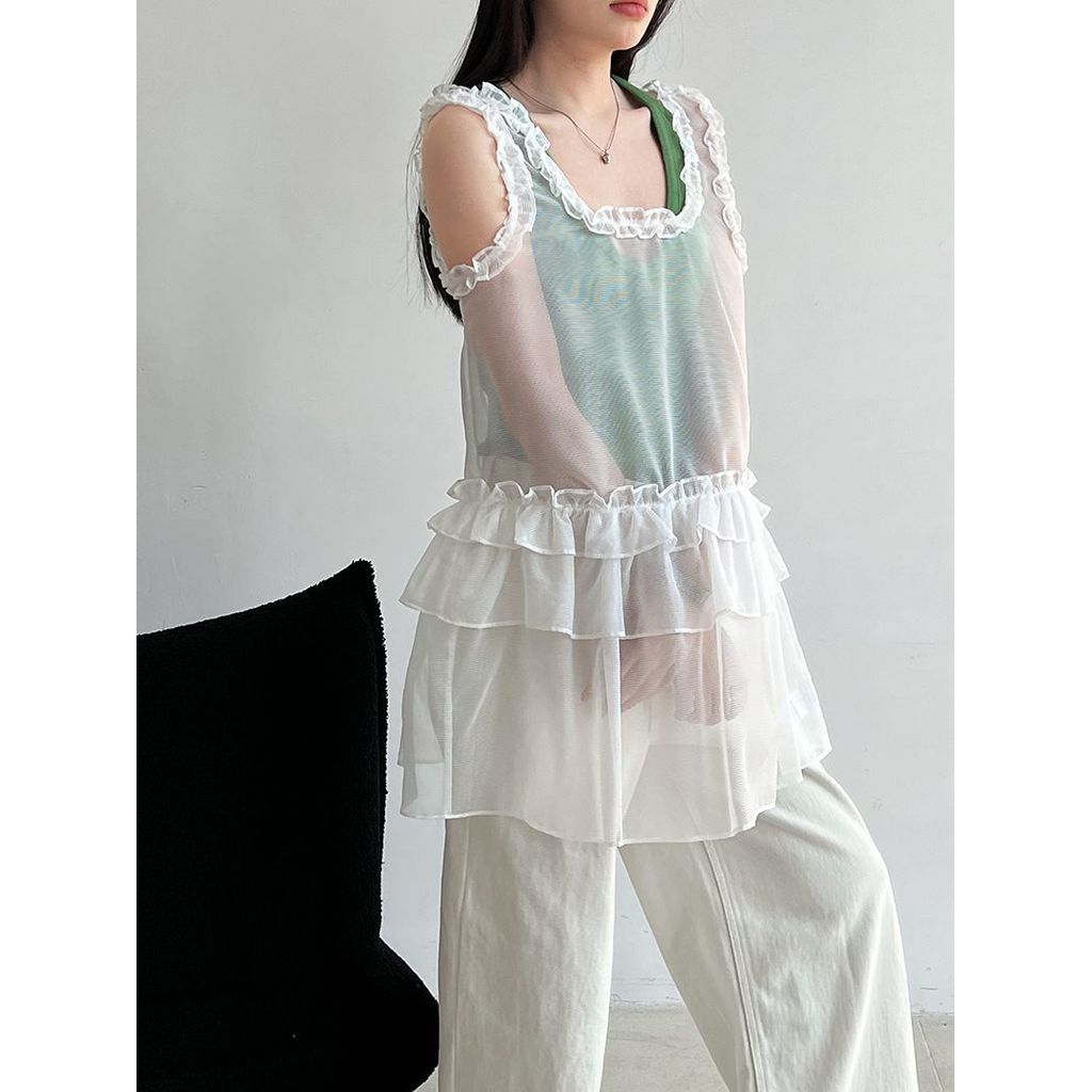 Milyfashion Lớp Không Tay Nấm Cạnh Cổ Gạc Bánh Sling Lớp Giữa Chiều Dài WJ4I