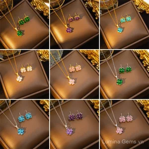 Vòng cổ và bông tai nữ thời trang từ đồng dát zirconium, hình cỏ ba lá bốn lá, nhiều màu sắc