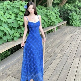 Đầm dài ôm eo, cổ chữ V, họa tiết kẻ sọc xanh ren, phong cách gợi cảm, thanh lịch cho Nữ mùa Hè
