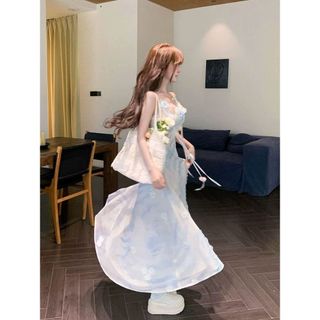 Đầm nghỉ dưỡng phong cách Pháp thuần khiết, đầm dài hai dây mùa hè thanh lịch tôn dáng cho Nữ