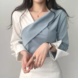 Áo sơ mi giảm tuổi mùa hè sang trọng Hàn Quốc Hàn Quốc, Tính khí cổ điển, Khâu màu tương phản, Thiết kế thích hợp