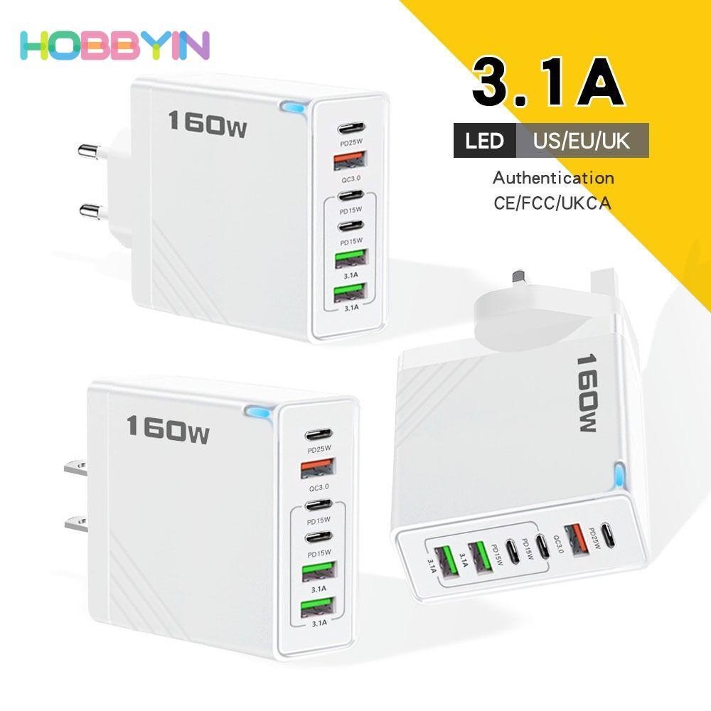 Ổ cắm sạc HOBBYIN 160W, có đèn LED EU / US / UK Bộ sạc điện thoại, USB A + C 6 cổng PD QC3.0 Bộ sạc đa cổng cho / /