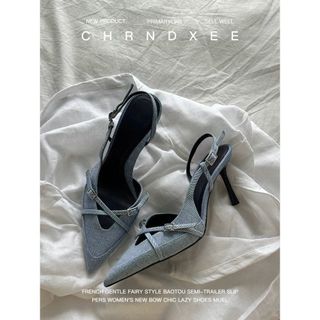 Giày Cao Gót Da Mềm Phiên Bản ~ Mũi Nhọn Mũi Chân Sandal Nữ Denim Xanh Phù Hợp Với Dây Đeo chéo Giày Stiletto Giày Cao Gót