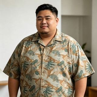 Áo sơ mi nam plus size băng lụa tay ngắn họa tiết hoa lá Hawaii, phù hợp đi biển