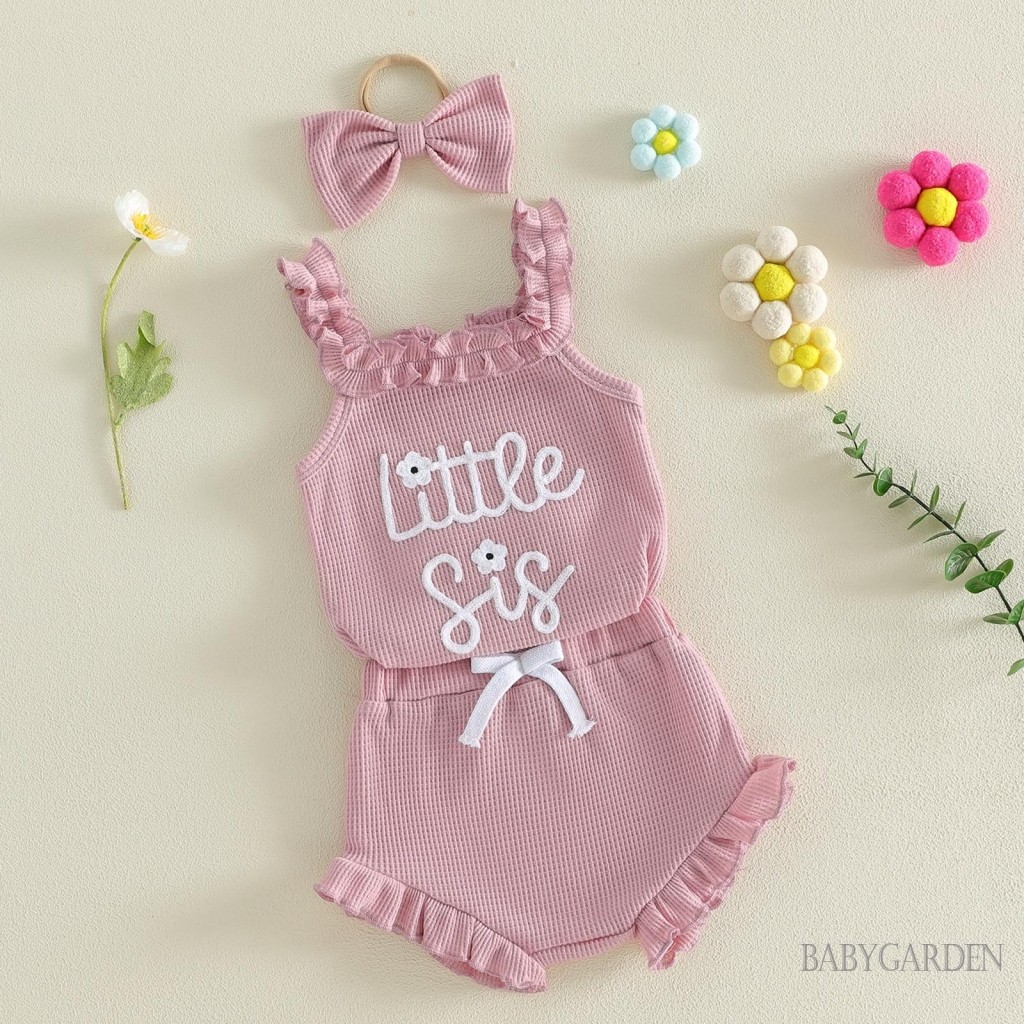 Bộ áo liền quần thêu chữ không tay cho bé gái mùa hè + quần short + băng đô
