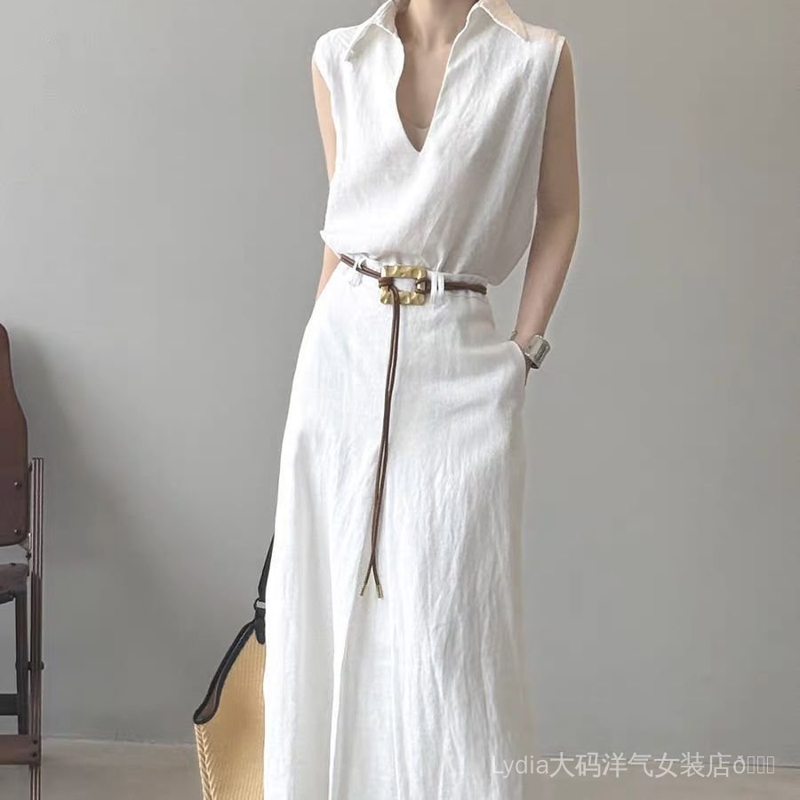 Bộ đồ trắng không tay hai mảnh gồm áo sơ mi và váy chữ A, phong cách Hàn Quốc, phù hợp mùa hè