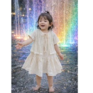 Đầm bé gái HÀN QUỐC CAO CẤP dáng xòe màu kem kèm áo ren ngoài nhẹ nhàng10-30KG, váy đi chơi đi tiệc cho bé