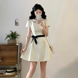 Đầm mùa hè dáng chữ A chấm bi kiểu Pháp duyên dáng với điểm nhấn nơ xinh xắn dành cho nữ.