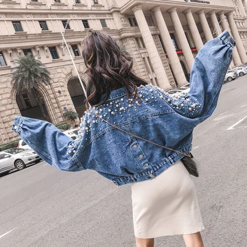 Áo khoác denim nữ hợp thời trang phù hợp với mọi trận đấu Áo khoác ngắn nhỏ đính cườm Áo khoác denim nữ mùa thu 2023