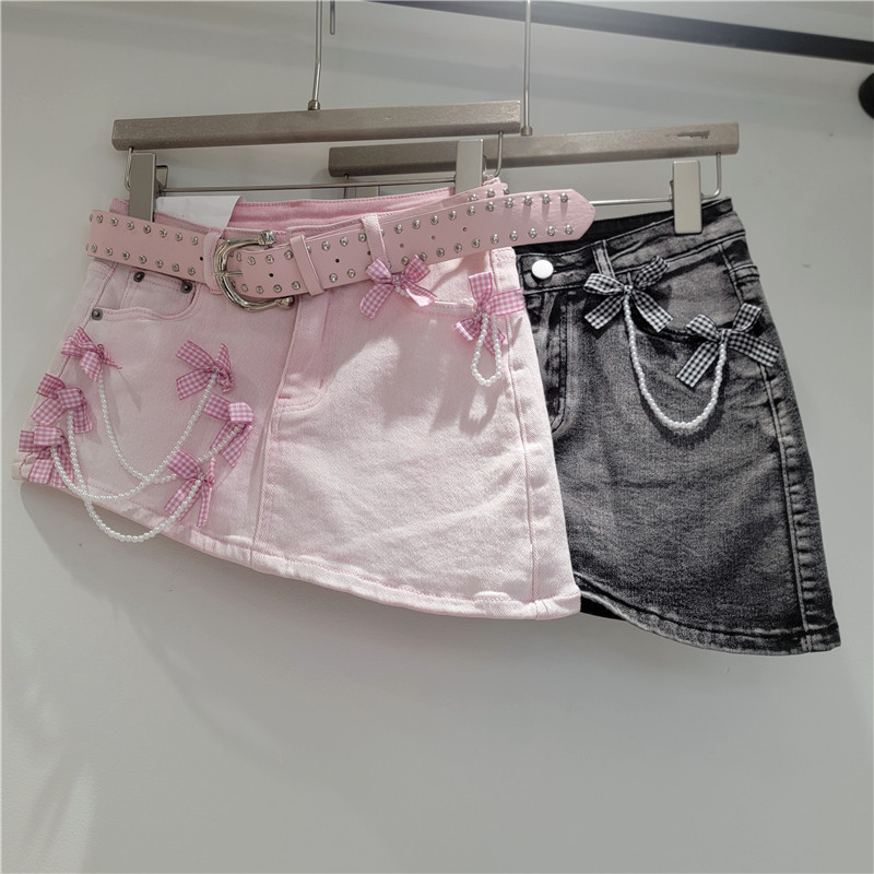 Phong Cách Dễ Thương Nơ Ngọc Trai Trang Trí Váy Denim Giảm Tuổi Nữ Mùa Xuân Mùa Hè Phong Cách Mới Váy Bất Đối Xứng