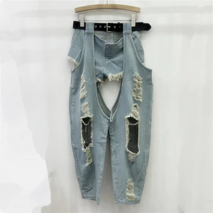 Phong cách mới Bộ đồ đôi low waist denim, bao gồmshort và quần dài, kèm dây lưng đơn giản
