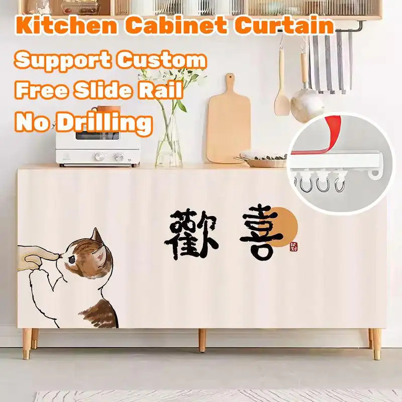 Rèm tủ có đường trượt – Họa tiết mèo Nhật Bản dễ thương, Vỏ bồn rửa không rơi cho nhà bếp, ống chống bụi & ẩn