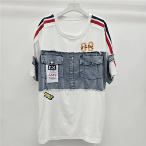 Hàng Châu Âu Áo Thun Nữ Mùa Xuân Mùa Hè Phong Cách Mới Denim Độc Đáo Khâu Túi Dán Nhãn Hoạt Hình Chữ Giữa Chiều Dài Hàng Đầu