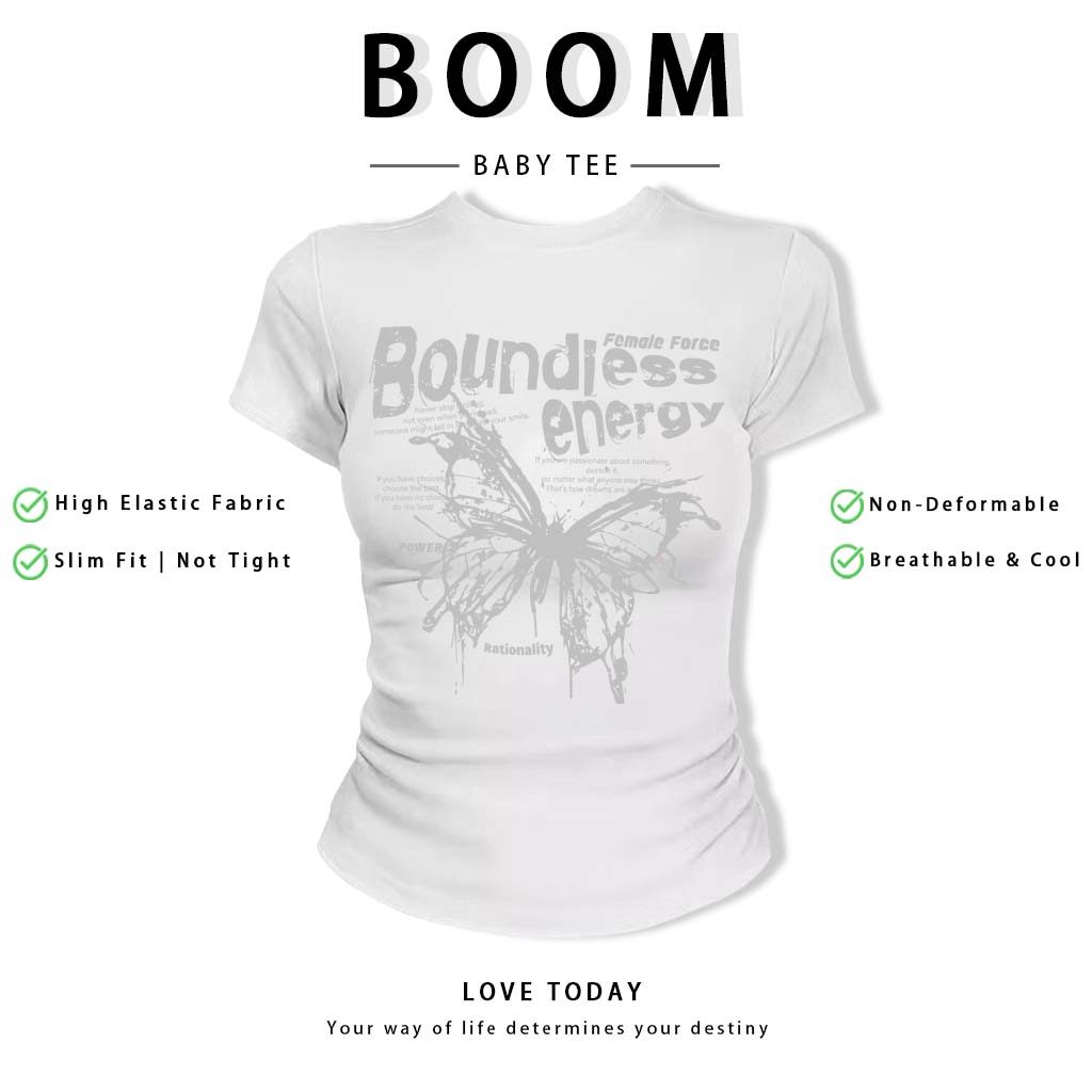 BOOM Áo Baby Tee Nữ Cotton Ôm Body-Áo Thun Ngắn Tay Y2K In Hình PhongCách Mùa Hè, Cổ Tròn Hàng Đầucách hàn quốc phongQ40