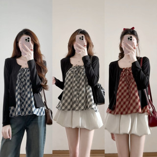 Set áo 2 dây kẻ kèm áo cardigan dài tay phong cách Hàn Quốc, Set áo kẻ Tiểu Thư Siêu Xinh