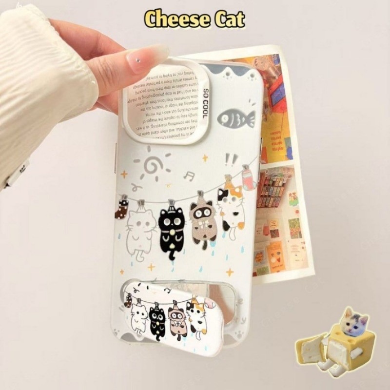 Ốp Lưng Gương Đứng Dễ Thương Bốn Chú Mèo Con Ốp Lưng Điện Thoại iPhone 16 15 14 13 12 11 17 Pro Max Xs Max XR 16E 7Plus