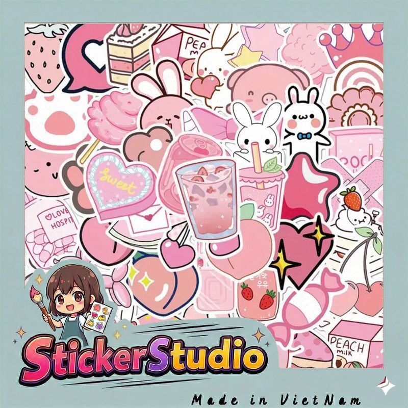 Set 60 sticker các vật dụng màu hồng siêu siêu dễ thương trang trí sổ tay note book laptop mũ bảo hiểm chống nước tốt