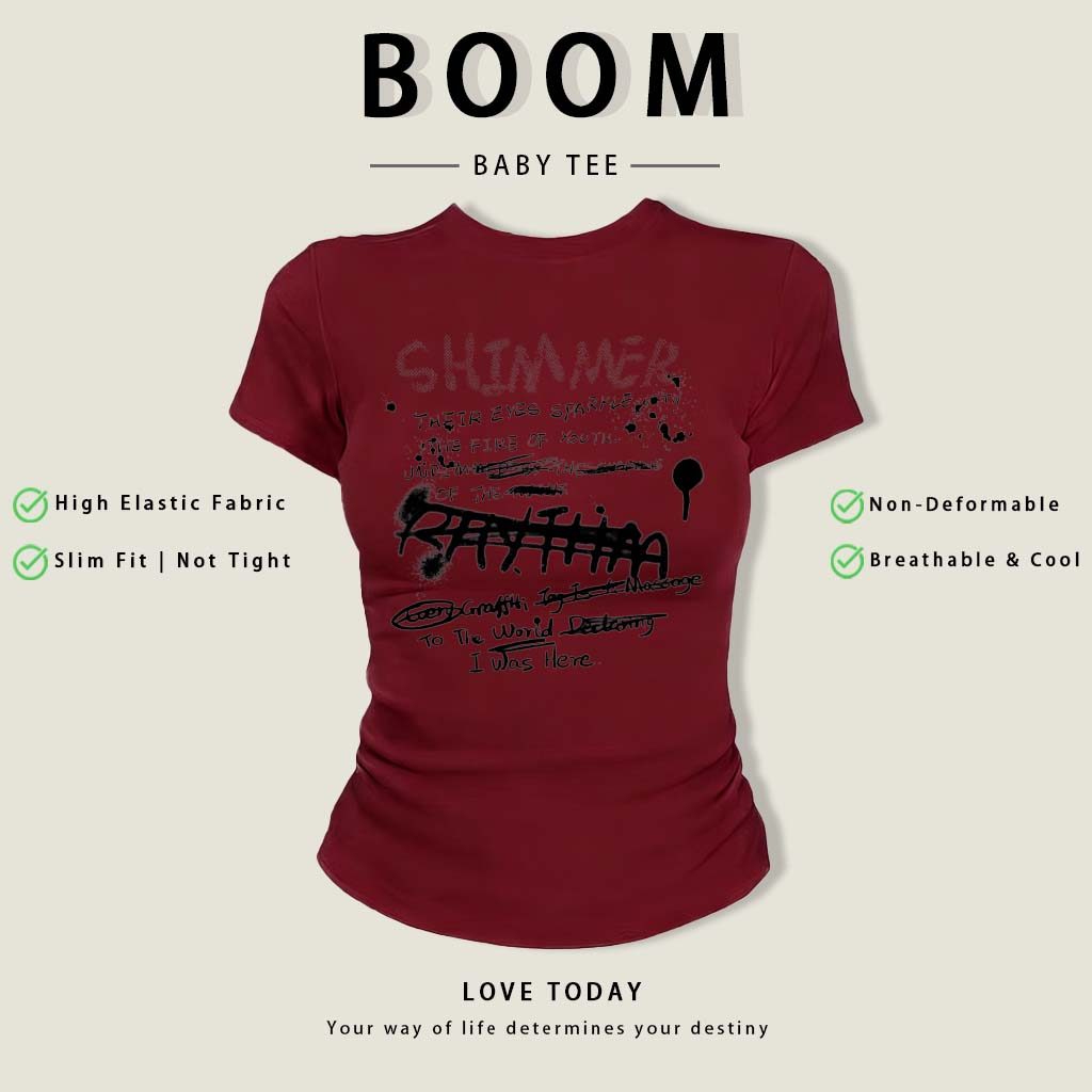 BOOM Áo Baby Tee Nữ Cotton Ôm Body-Áo Thun Ngắn Tay Y2K In Hình PhongCách Mùa Hè, Cổ Tròn Hàng Đầucách hàn quốc phongW77