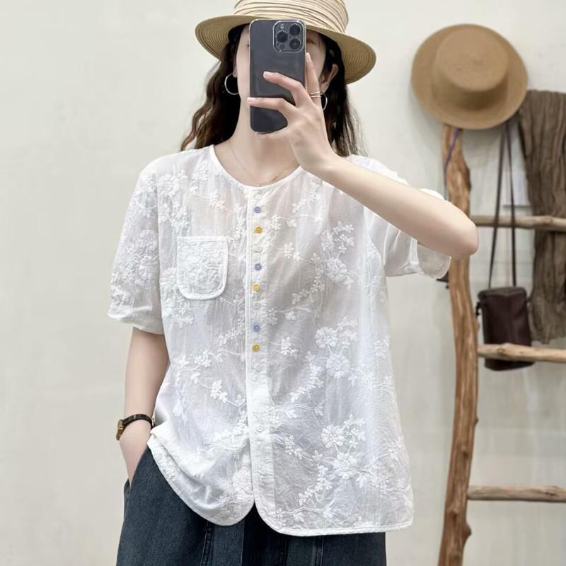 Áo sơ mi nữ cotton phong cách nước ngoài, màu nút sang trọng