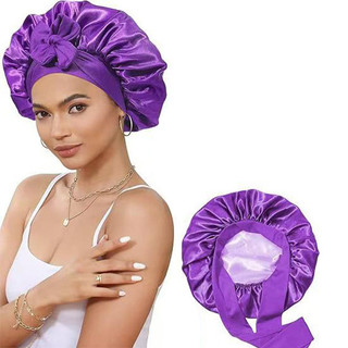 Mũ ngủ satin hai lớp dành cho nữ, có nơ và vành rộng, co giãn tốt