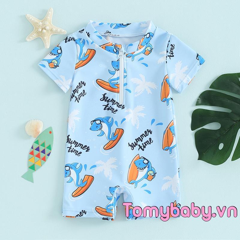 Trẻ mới biết đi Bé trai Rash Guard Đồ bơi Hoạt hình Marine Life In tay ngắn Dây kéo phía trước Bộ đồ tắm