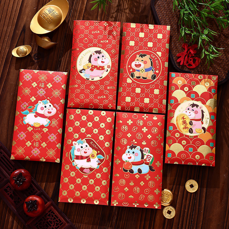 Bao Lì Xì Tết Bính Ngọ 2026 – Hình Ngựa May Mắn – Phát Tài Phát Lộc – Giấy Dày Cao Cấp – Set 6 Bao