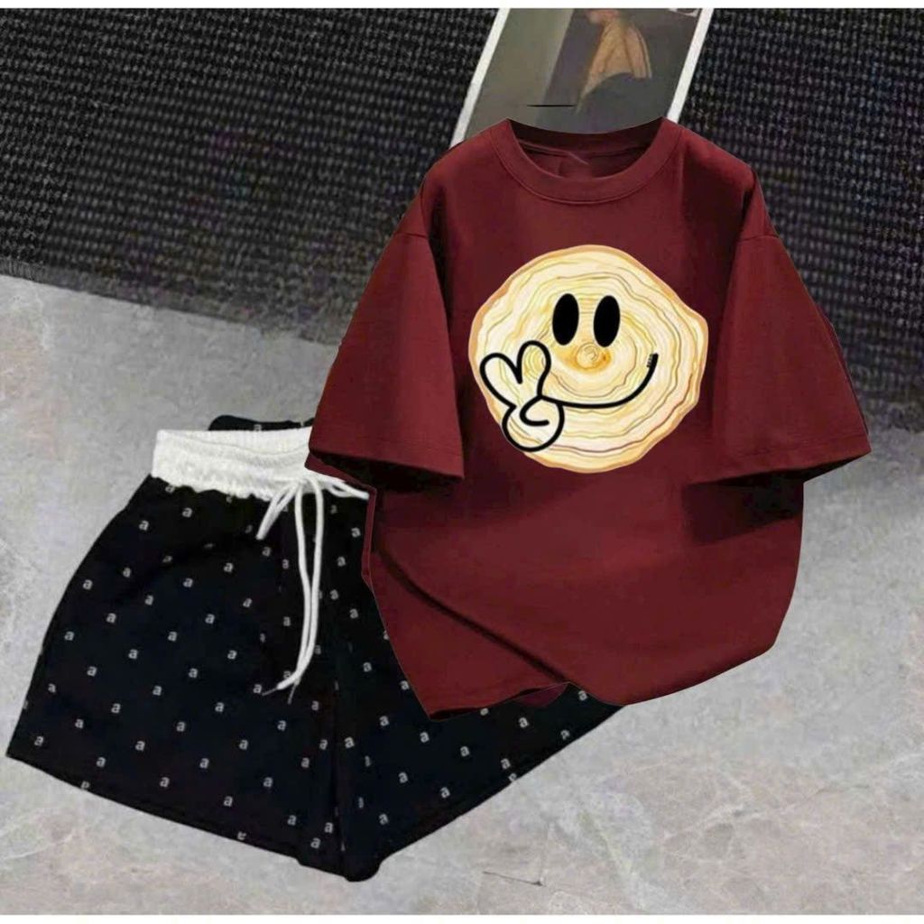 sét bộ đồ nữ quần đùi cộc cạp trắng chữ A + mix áo phông form rộng hình XIN CHÀO  -Thoitragthuba