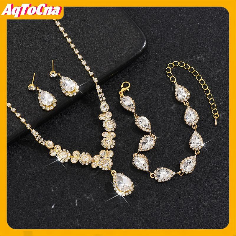 AqToCna Trang Sức Cưới Sang Trọng - Set 3 Món Zircon gồm Vòng Tay và Bông Tai
