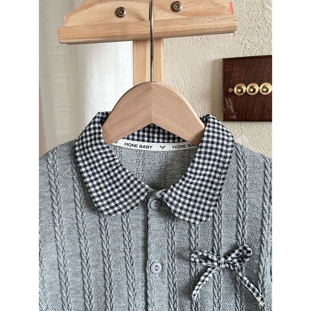 Cổ Búp Bê Dệt Kim Bé Gái Mùa Xuân Phong Cách Mới Kẻ Sọc Ren Nơ Áo 80-160 Kích Thước GU8G