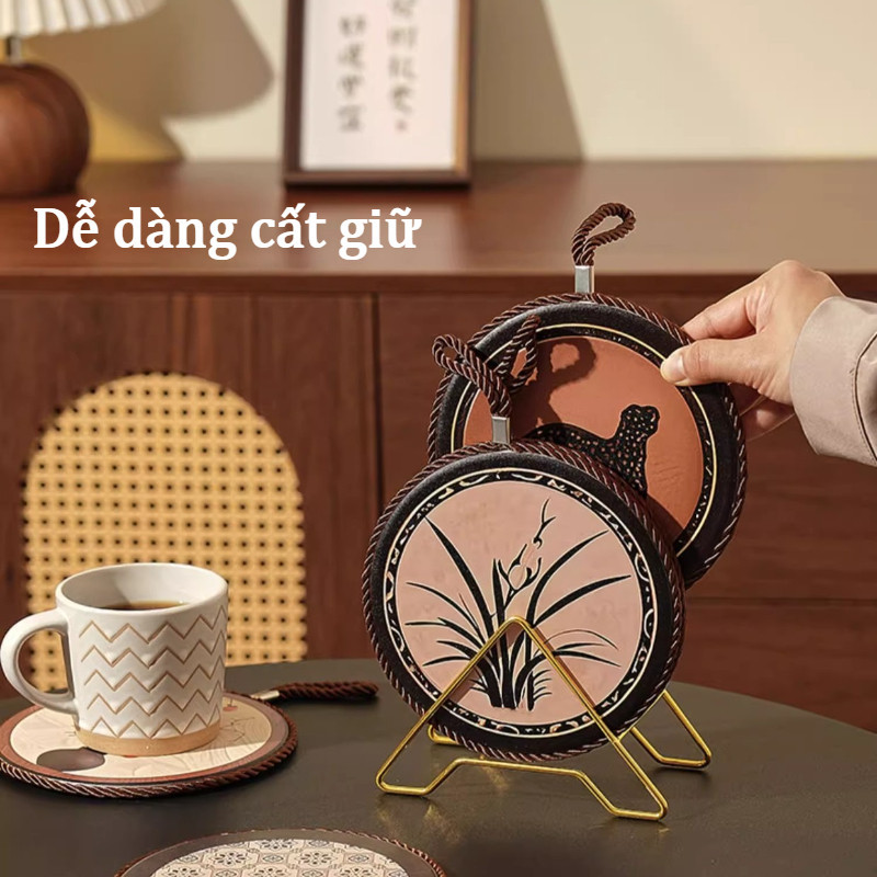 Lót Nồi Gốm Sứ Cách Nhiệt Cao Cấp, Đế Gỗ Chống Trượt, Chịu Nhiệt Tốt, Không Thấm Nước, Có Dây Treo, Trang Trí Bàn Ăn