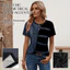 Áo thun in hình PYCOU, Áo thun cotton ngắn tay sọc chéo, thời trang cổ tròn quá khổ Denim chắp vá hàng đầu Quần áo nữ