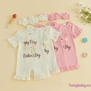 Bộ áo liền quần cổ tròn tay ngắn in chữ cho bé gái có băng đô