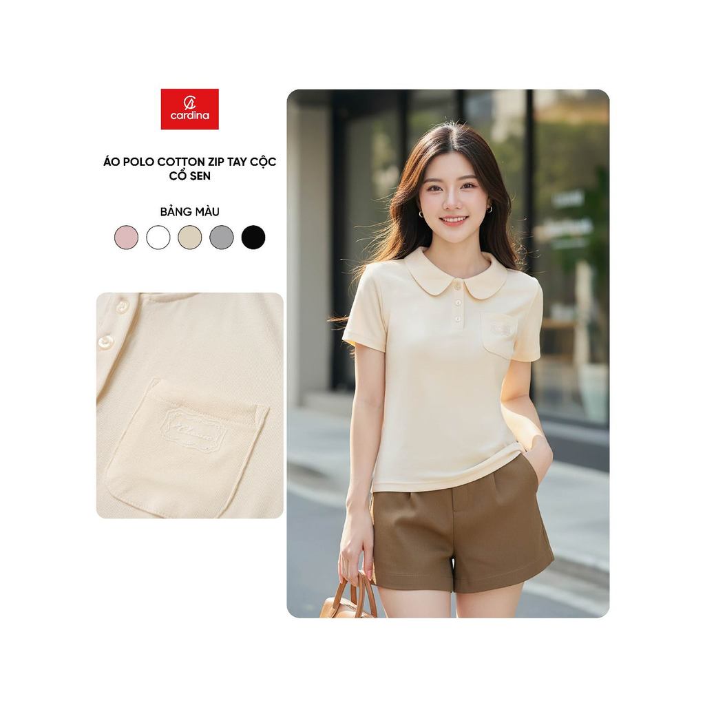 Áo polo nữ CARDINA chất cotton zip tay cộc cổ sen 6APC08