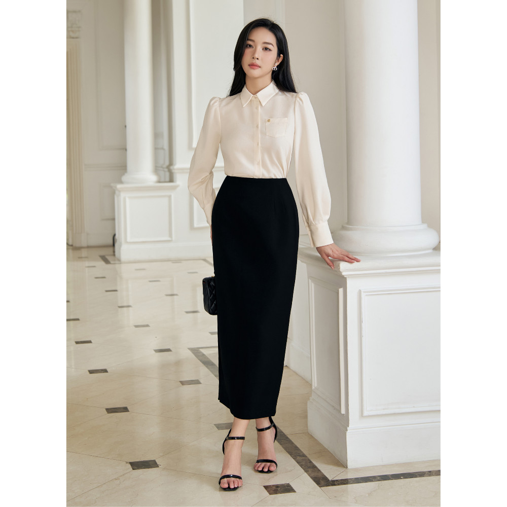 Áo sơ mi nữ ELLA DORA thiết tay bồng form suông túi phối cúc đồng thanh lịch MÀU KEM [SM174]